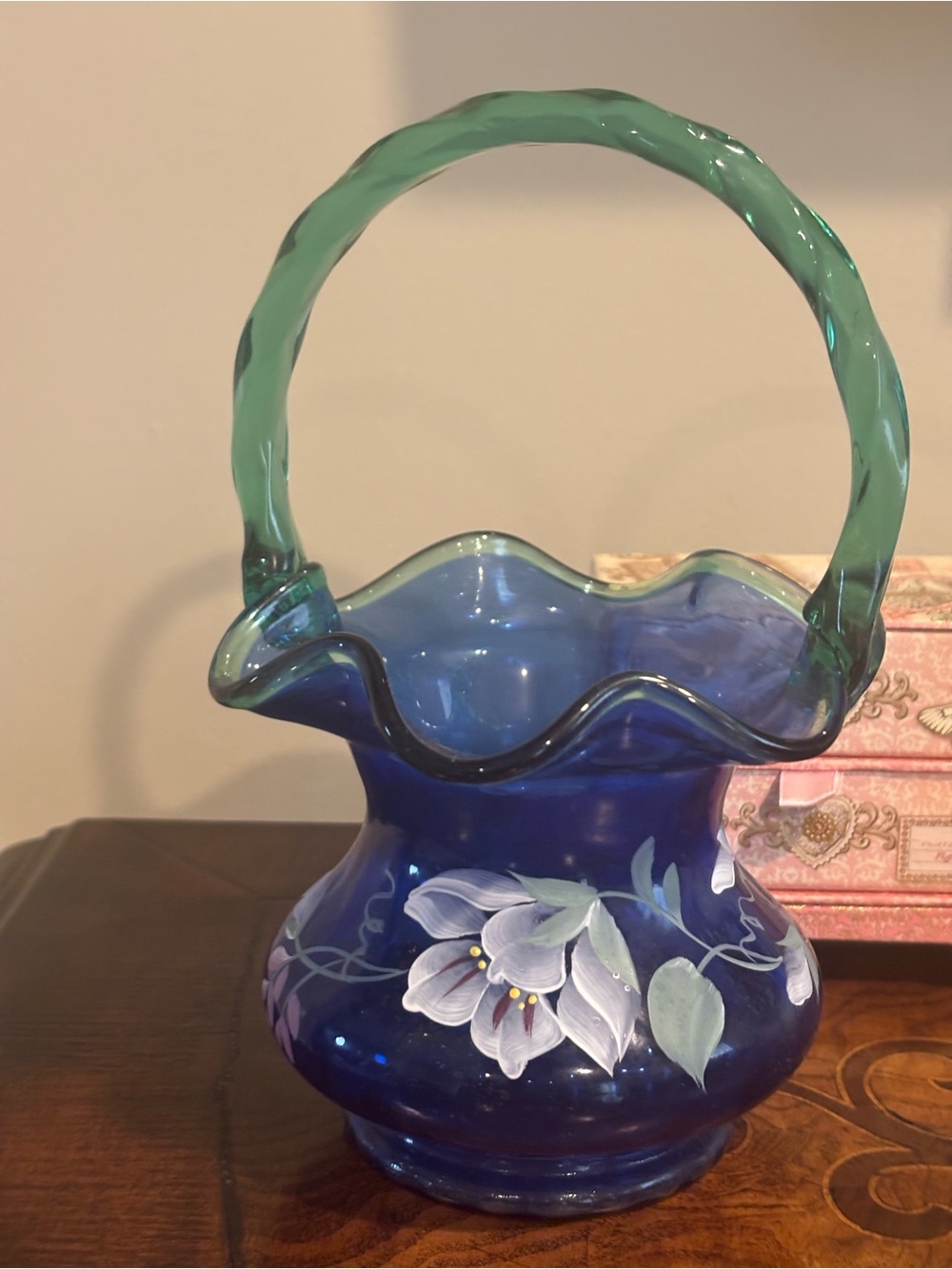 Fenton Blue Hand painted Basket with Green Twisted Handle